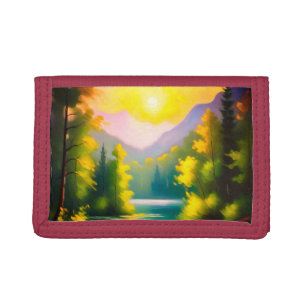 Sunrise over snow covered mountains and lake trifold wallet