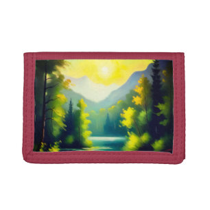 Sunrise over snow covered mountains and lake trifold wallet
