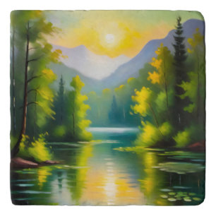 Sunrise over snow covered mountains and lake trivet