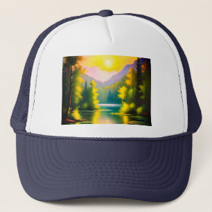 Sunrise over snow covered mountains and lake trucker hat