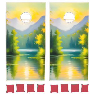 Sunrise over snow covered mountains lake cornhole set