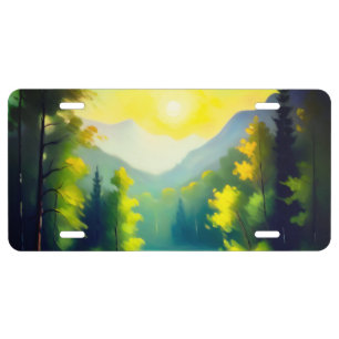 Sunrise over snow covered mountains with lake license plate