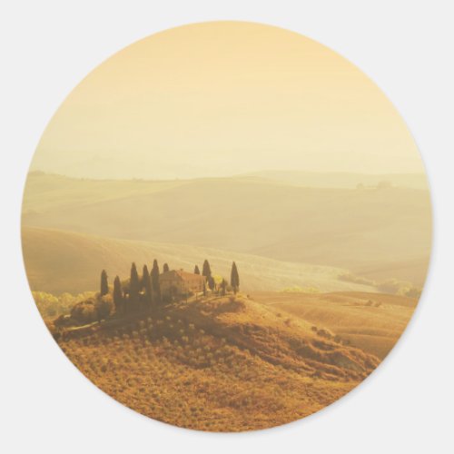 Sunrise over Tuscany round sticker