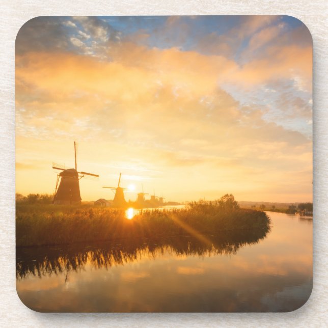 Sunrise over windmills and a river in Holland Beverage Coaster (Front)
