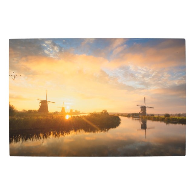 Sunrise over windmills and a river in Holland Metal Print (Front)