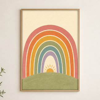 Sunrise Rainbow Hill Watercolour Whimsical Poster