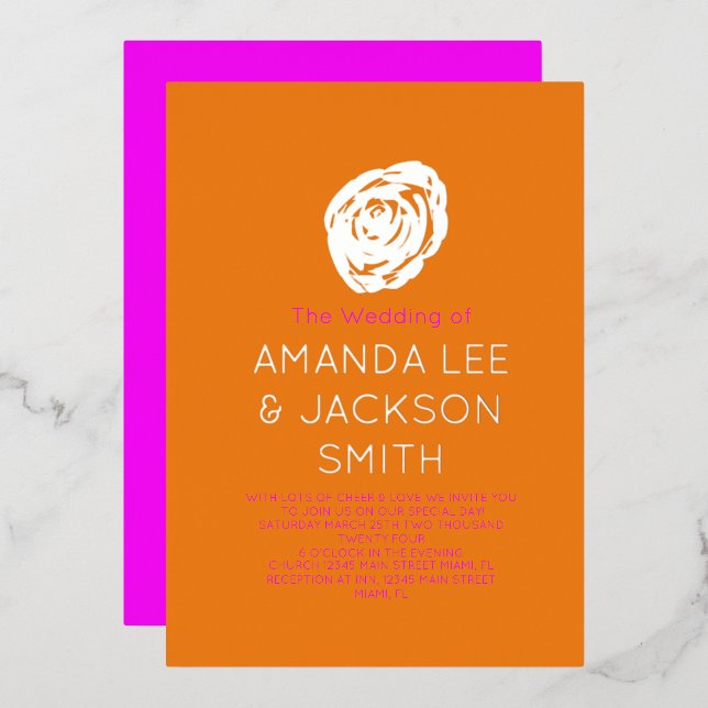 Sunrise Rose Pink Orange Roses Wedding Foil Invitation (Front/Back)