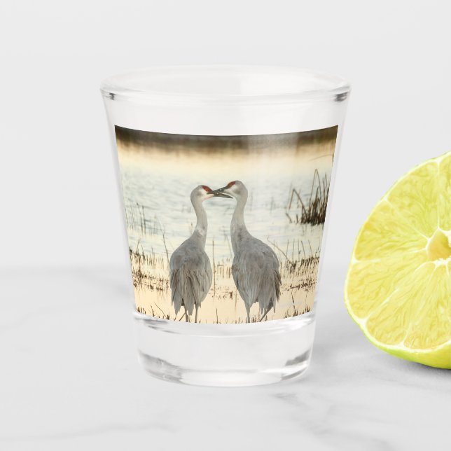 Sunrise Sandhill Crane pair Shot Glass (Front)