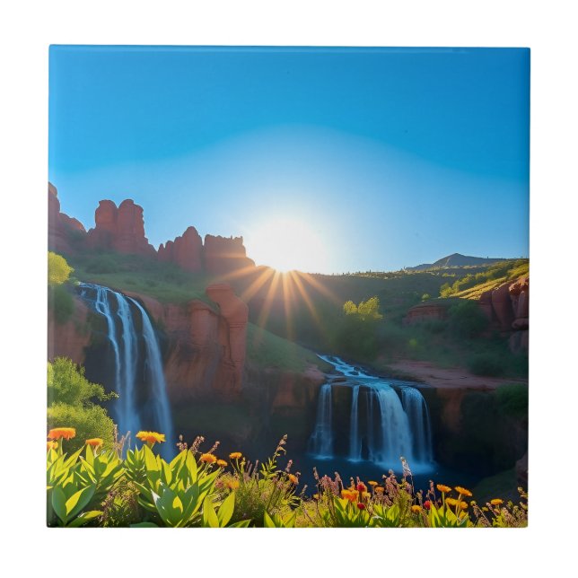 Sunrise Sandstone Waterfall Landscape Ceramic Tile (Front)