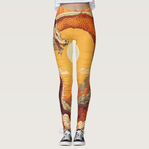 Sunrise Serenade Vintage Anime Dragon Dance Leggings