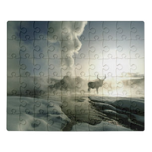 Sunrise Silhouette of Elk at Castle Geyser Jigsaw Puzzle