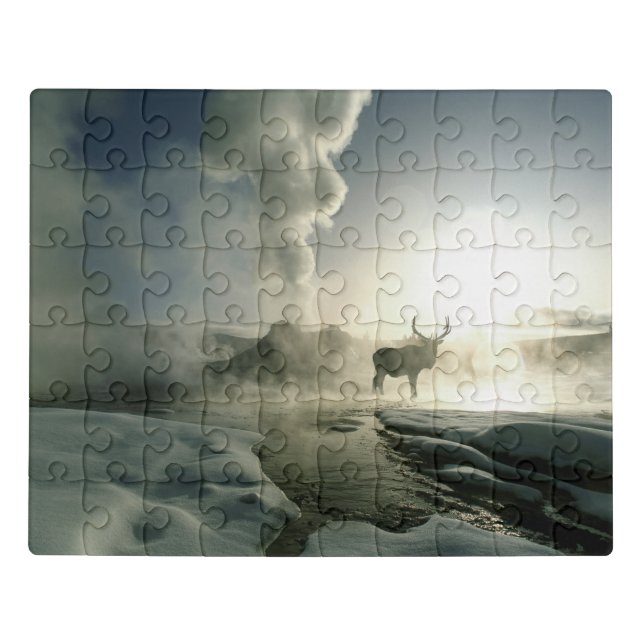 Sunrise Silhouette of Elk at Castle Geyser Jigsaw Puzzle (Puzzle Horizontal)
