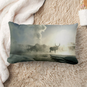 Sunrise Silhouette of Elk at Castle Geyser Lumbar Pillow