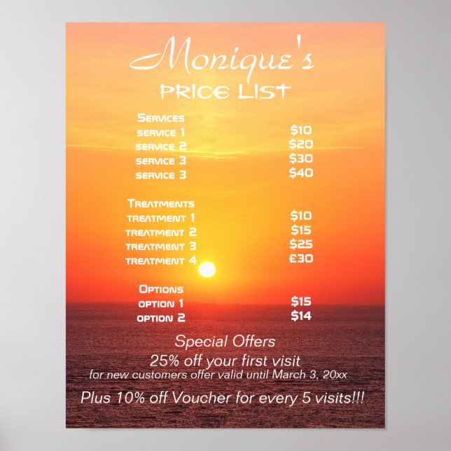 Sunrise spa and salon services price list poster (Front)