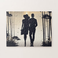 Sunrise Stroll: Black & White Silhouette Couple