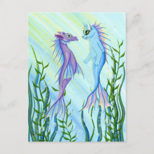 Sunrise Swim Sea Dragon & Mermaid Cat Art Postcard