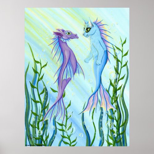 Sunrise Swim Sea Dragon  Mermaid Cat Fantasy Art Poster