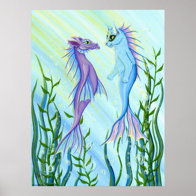 Sunrise Swim, Sea Dragon & Mermaid Cat Fantasy Art Poster (Front)