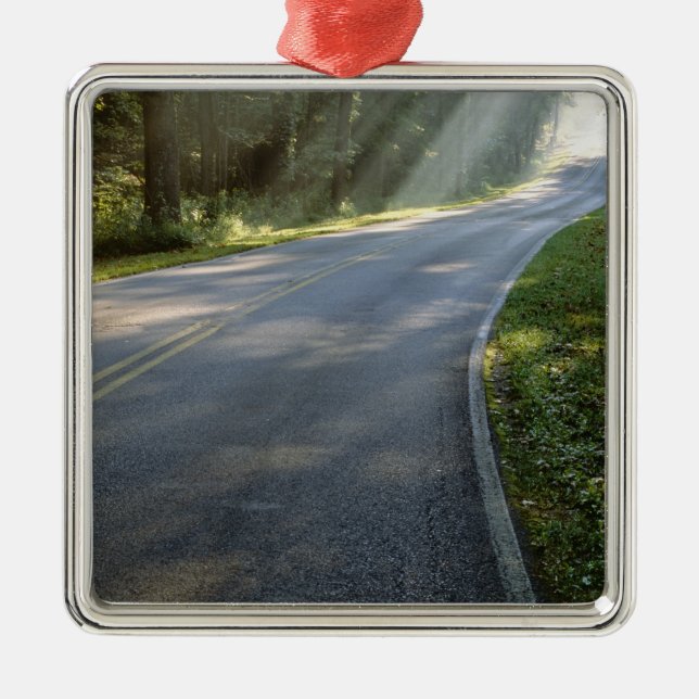 Sunrise through fog alongside Green River Metal Ornament (Front)