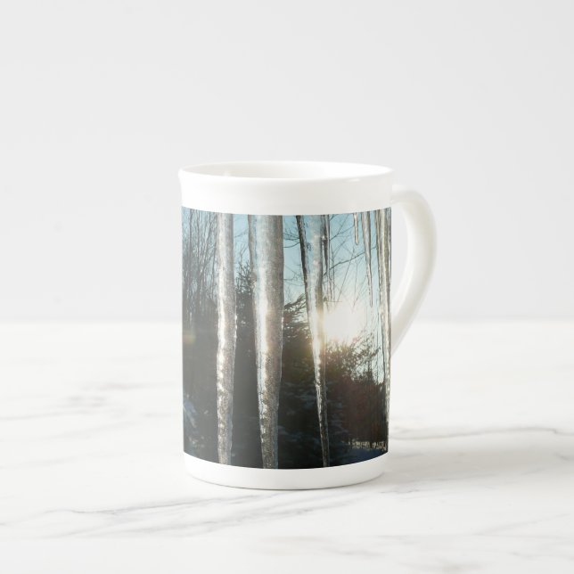 Sunrise Through Icicles Winter Nature Photography Bone China Mug (Front Right)