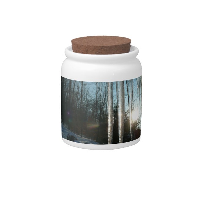 Sunrise Through Icicles Winter Nature Photography Candy Jar (Front)