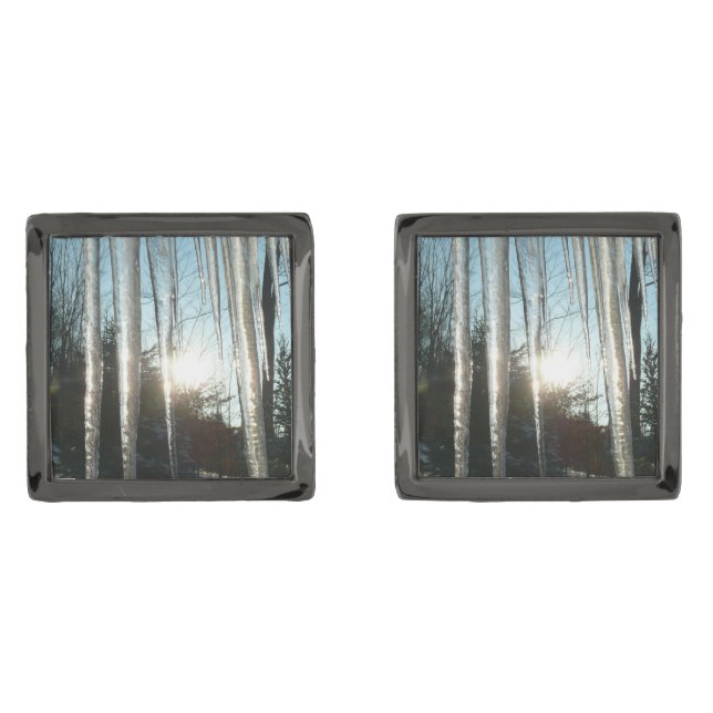 Sunrise Through Icicles Winter Nature Photography Cufflinks (Front)