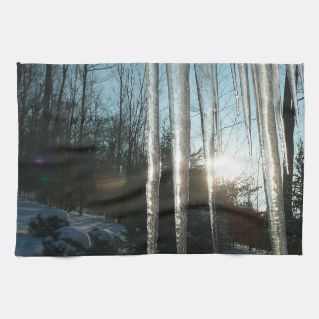 Sunrise Through Icicles Winter Nature Photography Kitchen Towel (Horizontal)