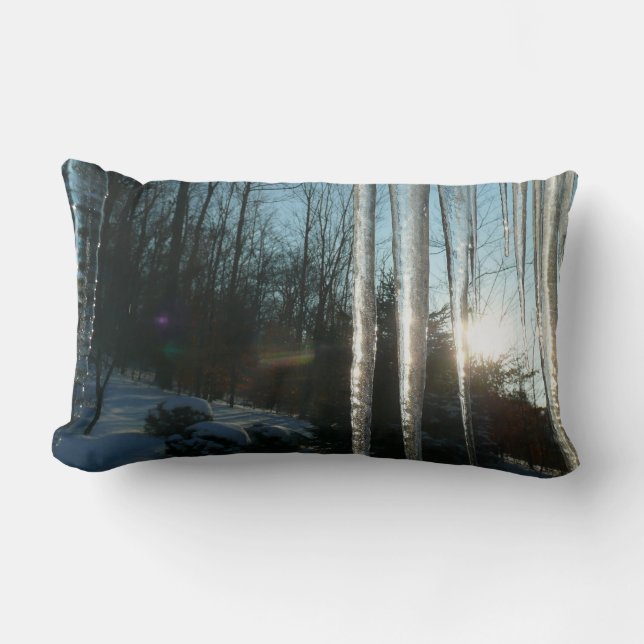 Sunrise Through Icicles Winter Nature Photography Lumbar Pillow (Front)