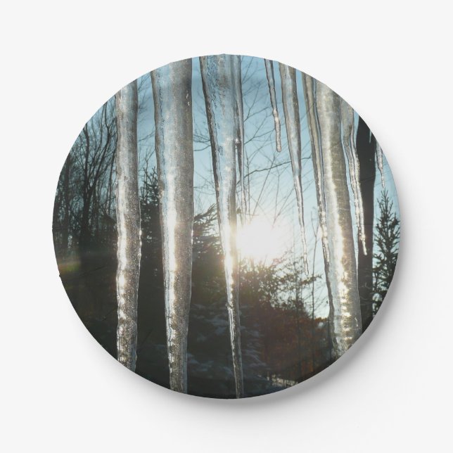Sunrise Through Icicles Winter Nature Photography Paper Plates (Front)