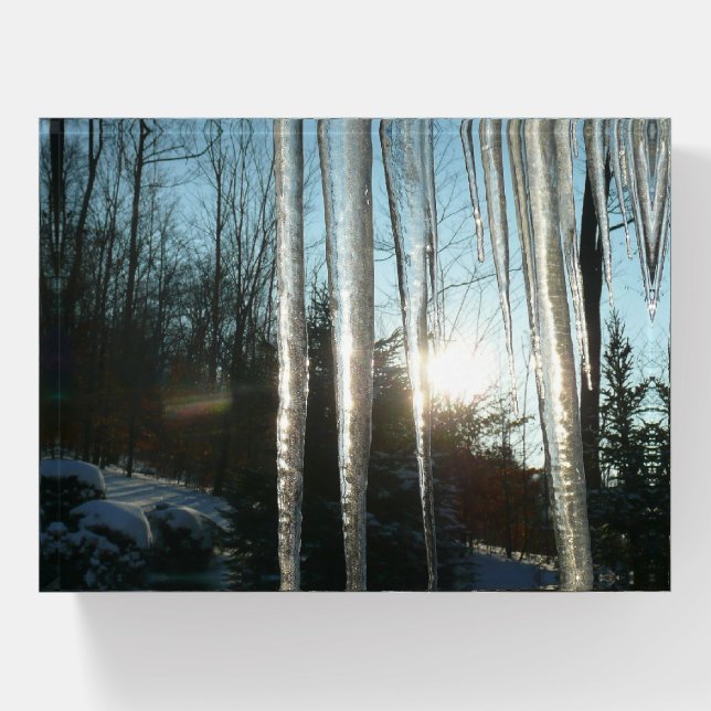 Sunrise Through Icicles Winter Nature Photography Paperweight (Front)