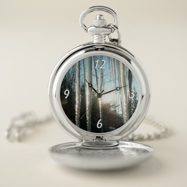 Sunrise Through Icicles Winter Nature Photography Pocket Watch (Inside)