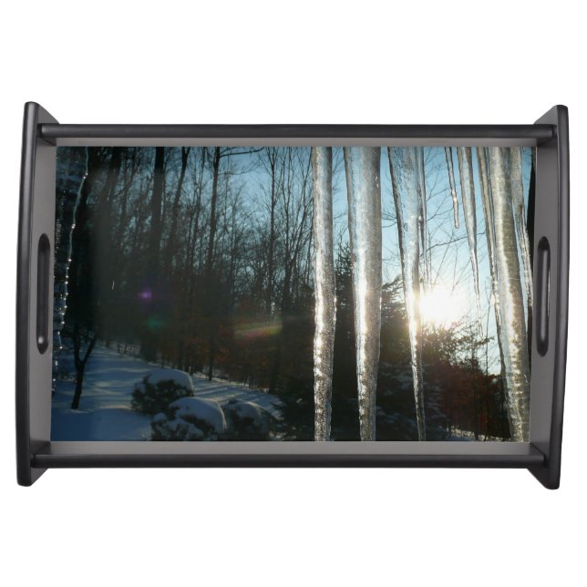 Sunrise Through Icicles Winter Nature Photography Serving Tray (Front)