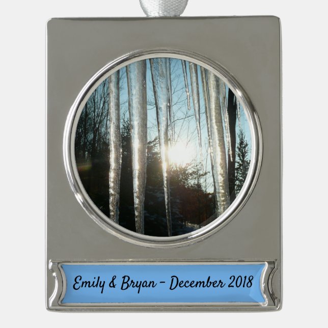 Sunrise Through Icicles Winter Nature Photography Silver Plated Banner Ornament (Front)