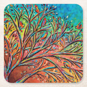 Sunrise Treetop Birds II Square Paper Coaster