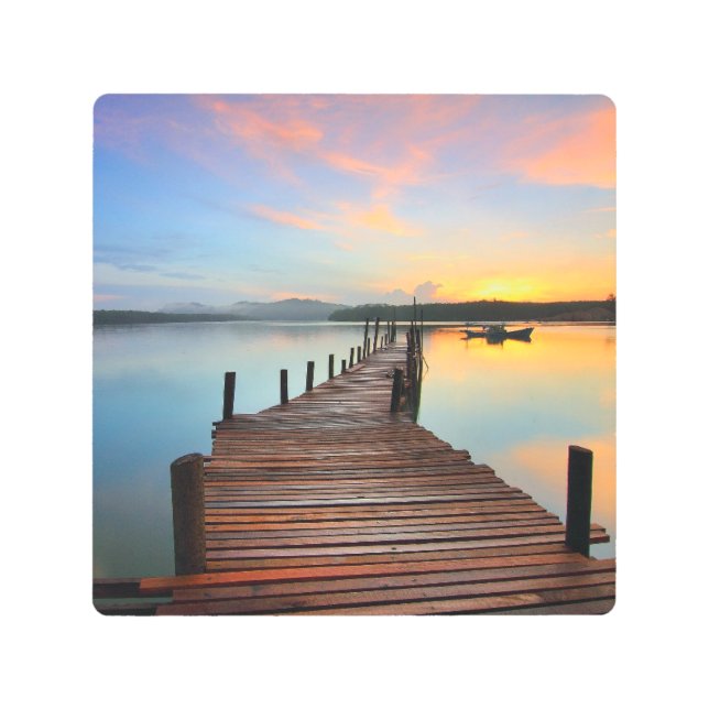 Sunrise with Pier and Boat on Lake Jetty Metal Print (Front)