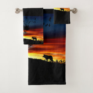 sunrise with wolf bath towel set