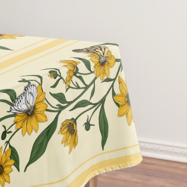 Sunroot floral stripe on off white tablecloth (In Situ)