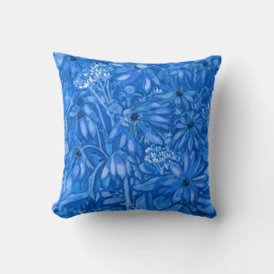 Sunroot Flowers Summer Garden FloralPainting Blue Throw Pillow