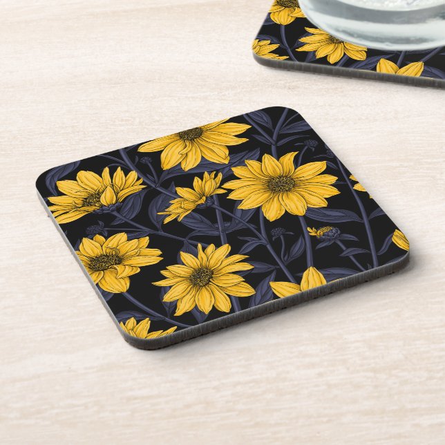 Sunroot, wild sunflower in yellow and blue beverage coaster (Left Side)