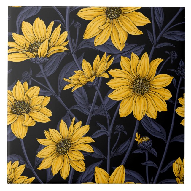 Sunroot, wild sunflower in yellow and blue ceramic tile (Front)