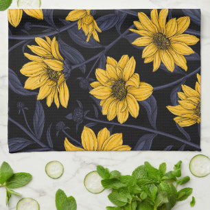 Sunroot, wild sunflower in yellow and blue kitchen towel