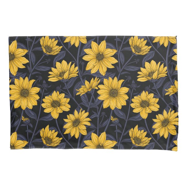 Sunroot, wild sunflower in yellow and blue pillow case (Front-Left)