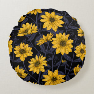 Sunroot, wild sunflower in yellow and blue round pillow