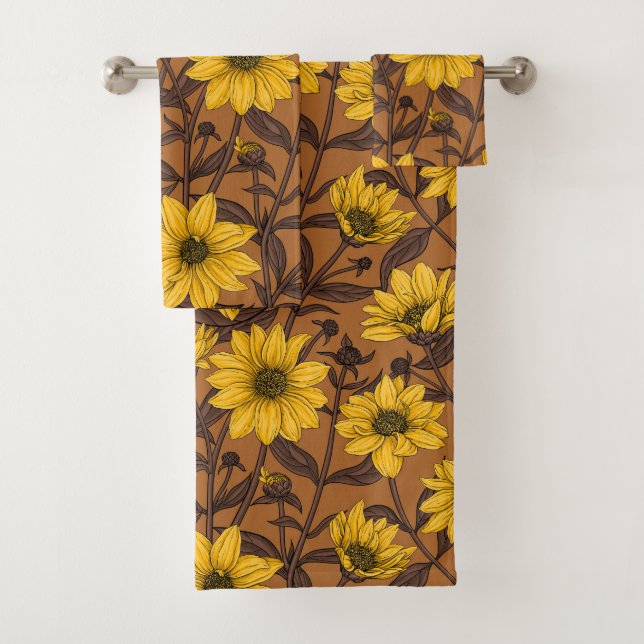 Sunroot, wild sunflower in yellow and  brown bath towel set (Insitu)