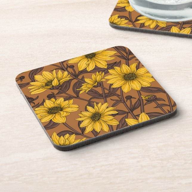 Sunroot, wild sunflower in yellow and  brown beverage coaster (Left Side)