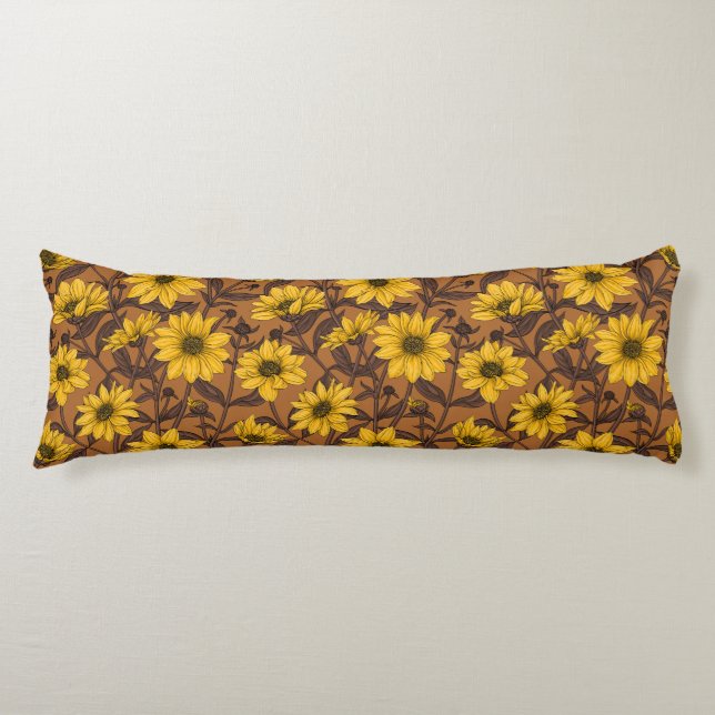 Sunroot, wild sunflower in yellow and  brown body pillow (Front)
