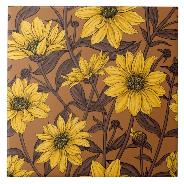 Sunroot, wild sunflower in yellow and  brown ceramic tile (Front)