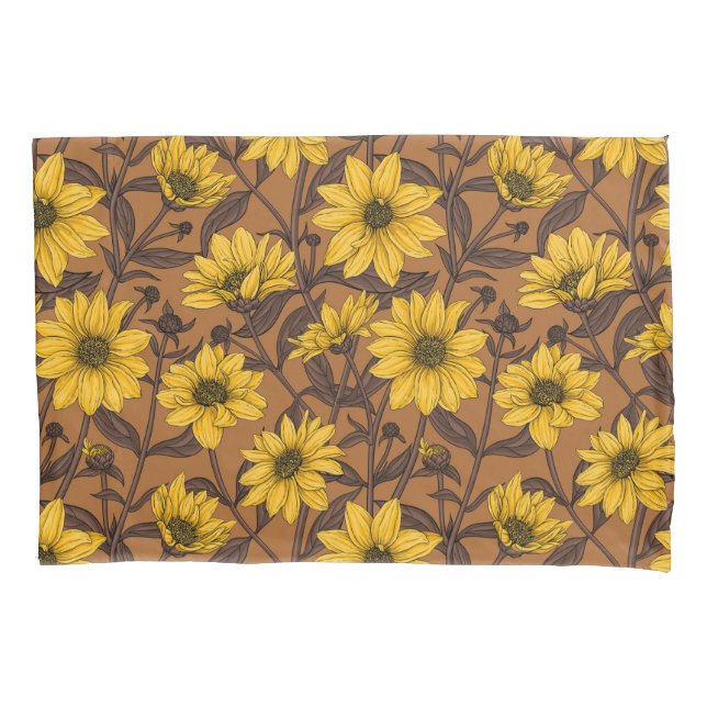 Sunroot, wild sunflower in yellow and  brown pillow case (Front-Left)