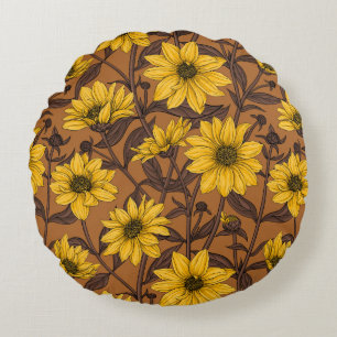 Sunroot, wild sunflower in yellow and brown round pillow