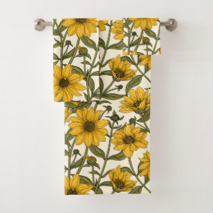 Sunroot, wild sunflower on off white bath towel set